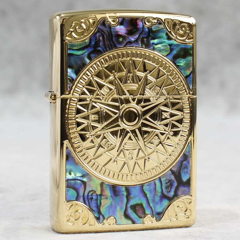 Hộp quẹt, bật lửa Zippo Brass MỸ mã 205 chủ đề La Bàn cẩn xà cừ, hàng chính hãng có giấy Hải Quan đi kèm