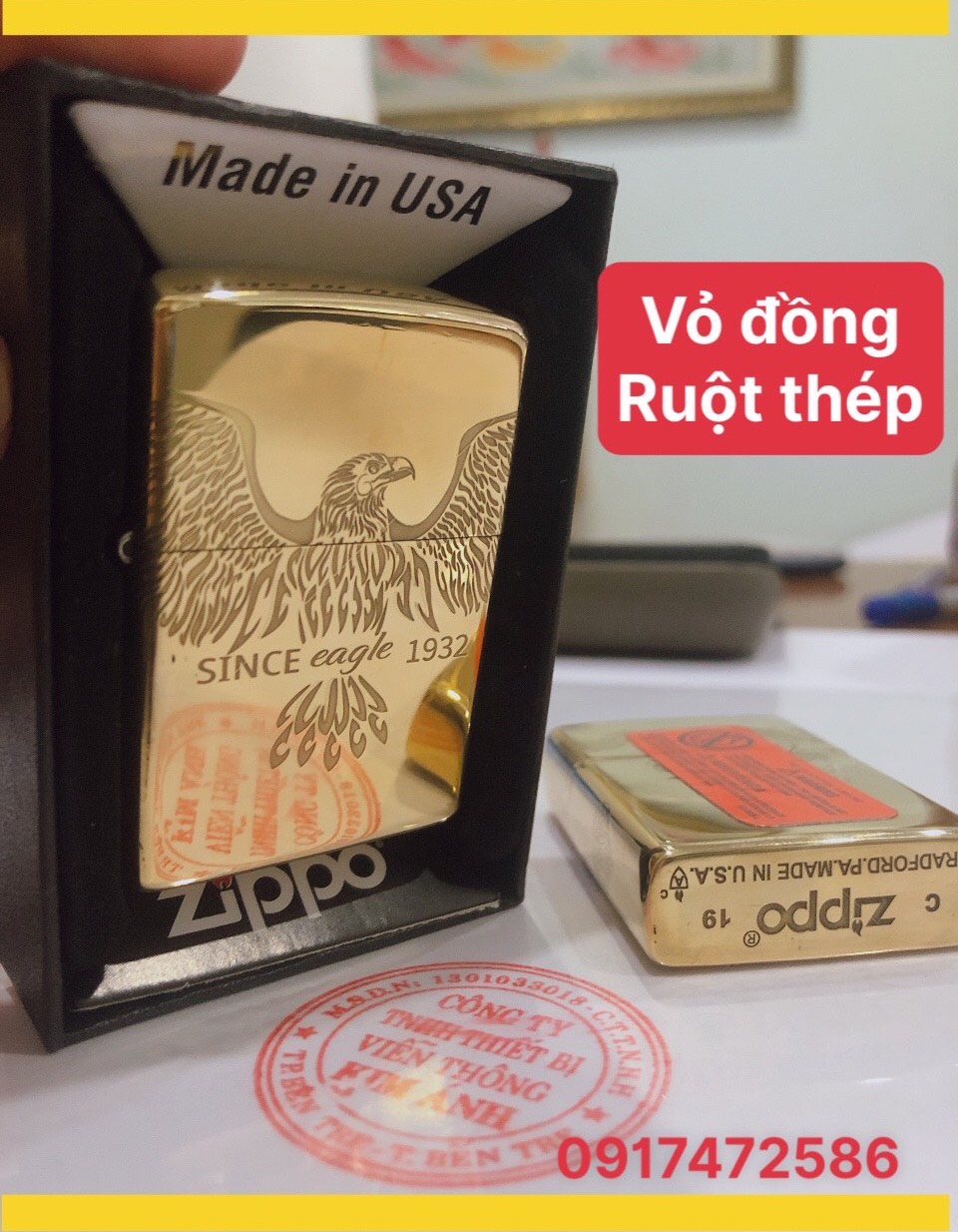 Bật lửa Zippo Armor Vỏ dầy Khắc chìm 4 mặt Since Eagle 1932 Vỏ Đồng ruột thép không gỉ -Có Tem đỏ