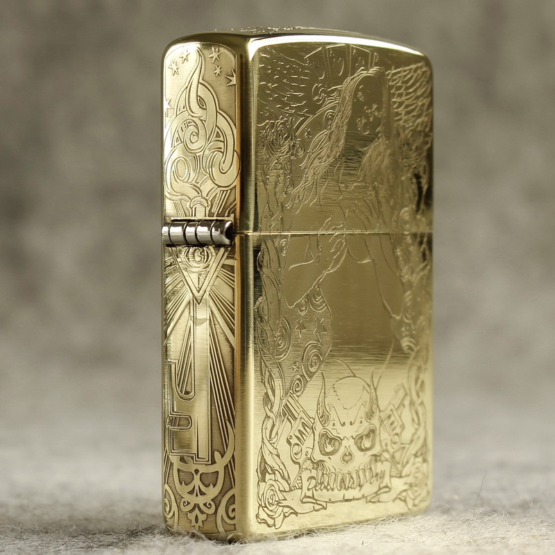 Hột quẹt Zippo MỸ Brass mã 204B khắc ăn mòn đổ sơn 5 mặt chủ đề Cô gái đầu lâu , Hàng chính hãng