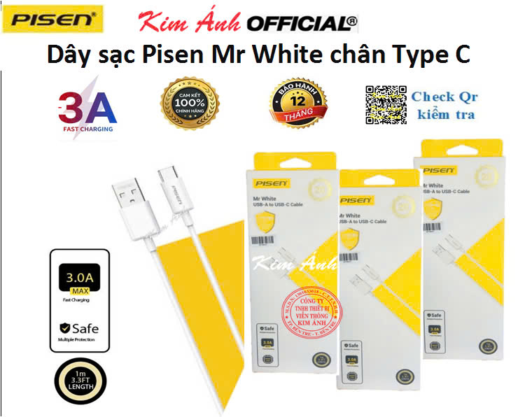 Dây sạc nhanh Pisen Mr White 3A, chân cắm Type-C (Fast) 1 mét( TC25-1000), Hàng chính hãng check Qr bảo hành 12 tháng