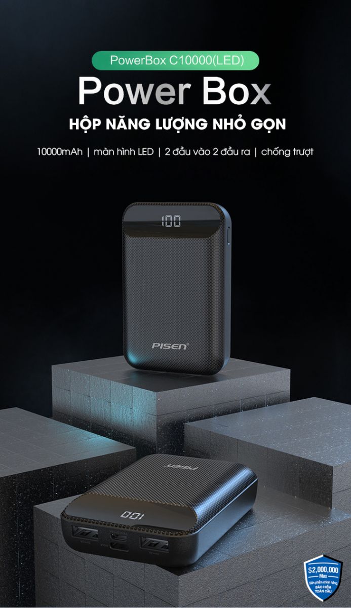 Sạc dự phòng Pisen Power Box C10000 LED 10000mAh (TP-D01CJ), nhỏ gọn, an toàn, sạc đồng thời 2 thiết bị, Hàng chính hãng