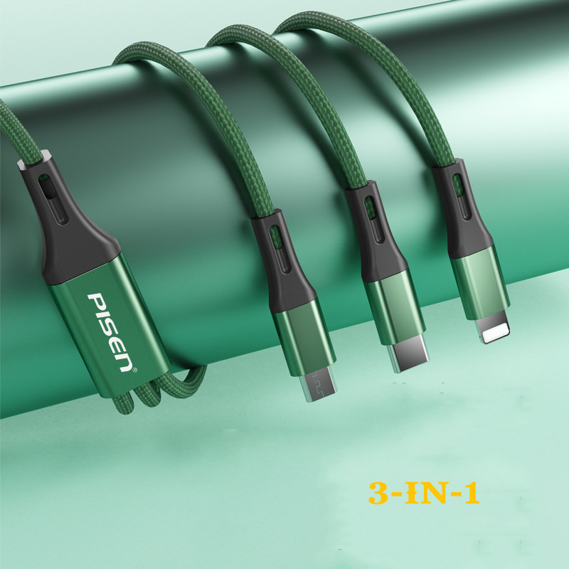 Cáp sạc nhanh PISEN 3 in 1 (L/ Type-C/ Micro) 2.4A braided 1.5m ( DM-AP01-1500), dây dù chống xoắn, hàng chính hãng
