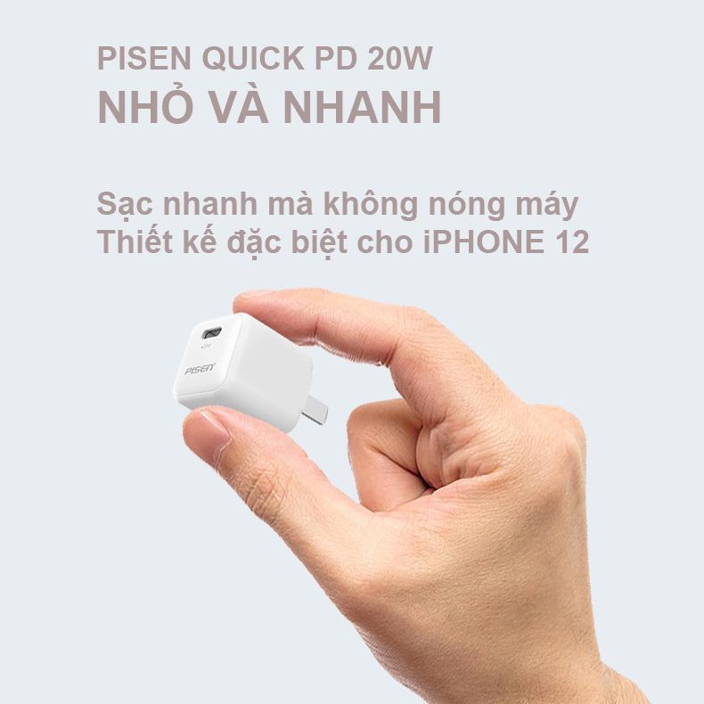 Cóc sạc nhanh PISEN Quick Ice Crystal PD 20W siêu nhỏ ( KPD201 ),Màu Trắng sứ - Hàng chính hãng