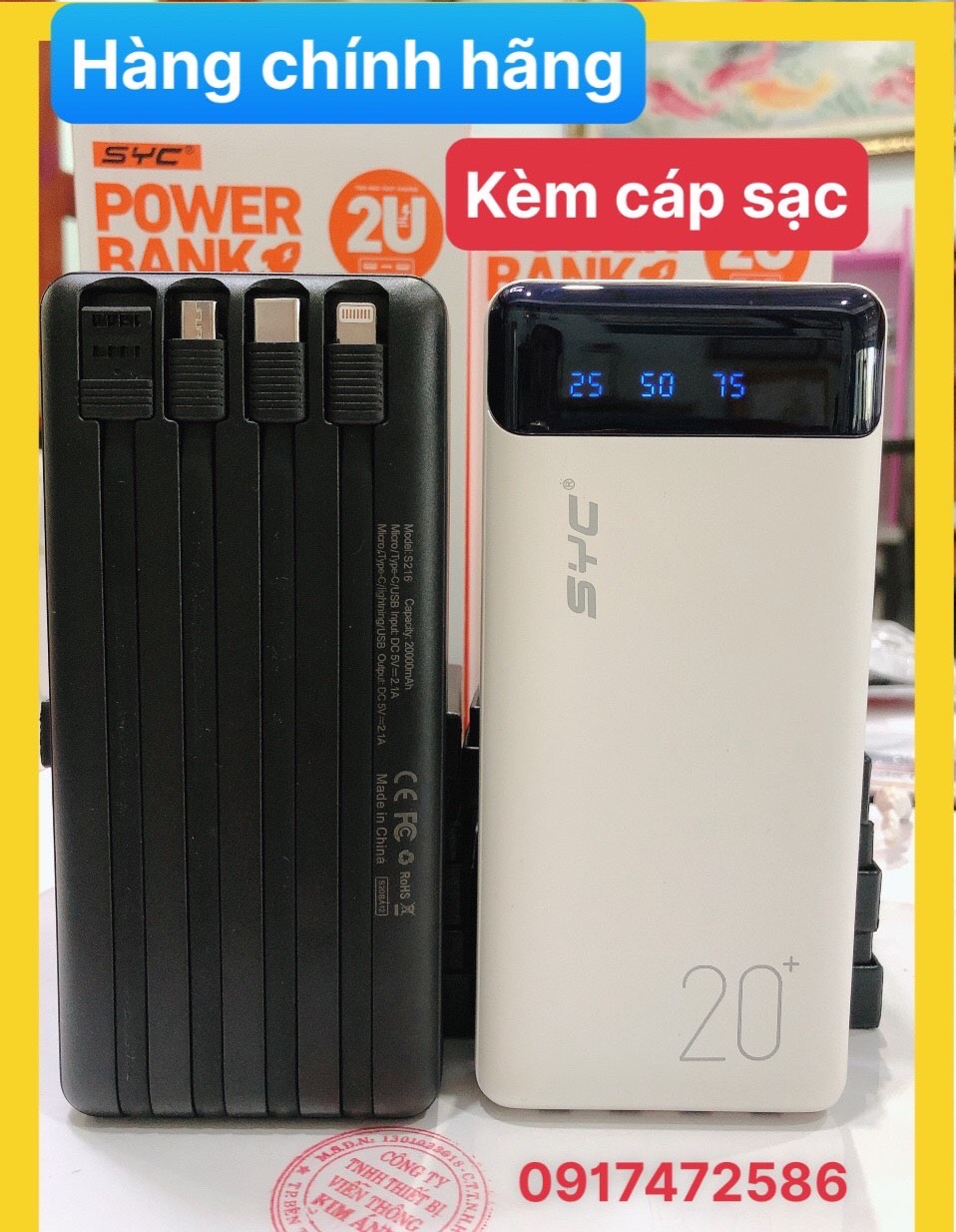 Sạc Dự Phòng SYC S216 20000 mAh kèm cáp sạc iPhone Android và Type-C