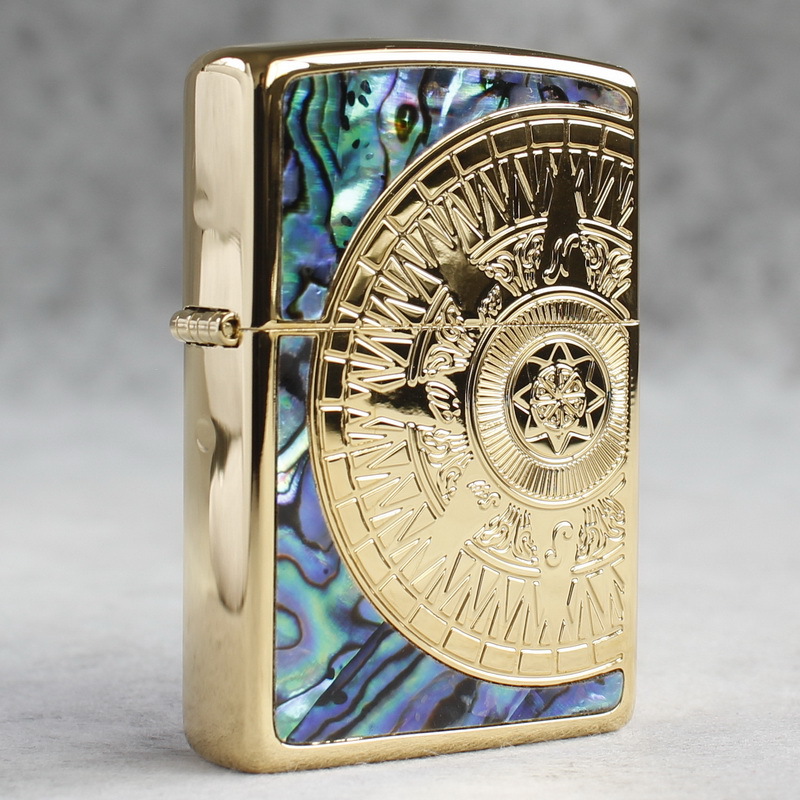 Hộp quẹt, bật lửa Zippo Brass MỸ mã 205 chủ đề La Bàn Bán Nguyệt cẩn xà cừ, hàng chính hãng có giấy Hải Quan đi kèm