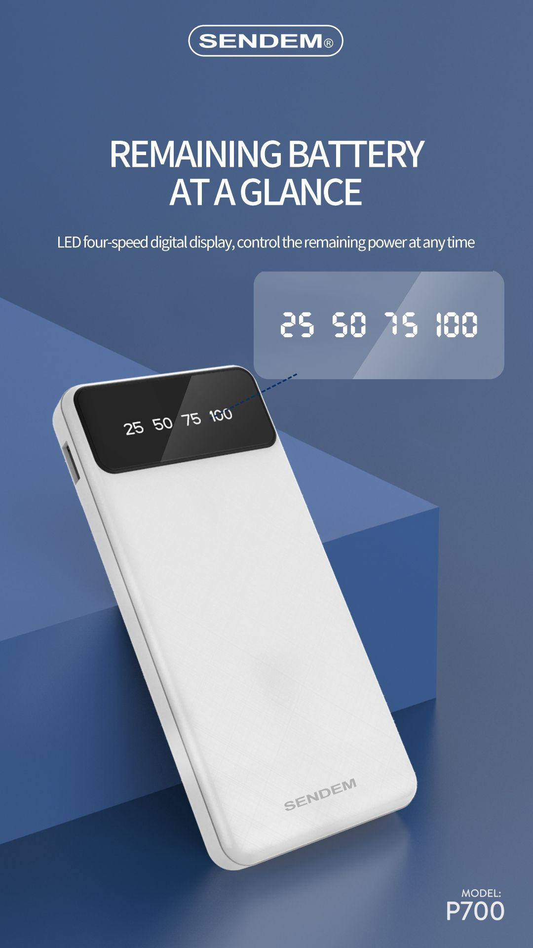 Sạc dự phòng SENDEM P700 10000mAh, màn hình LCD, kèm cáp sạc nhanh Type C, I (L ) , Micro, USB, Hàng chính hãng