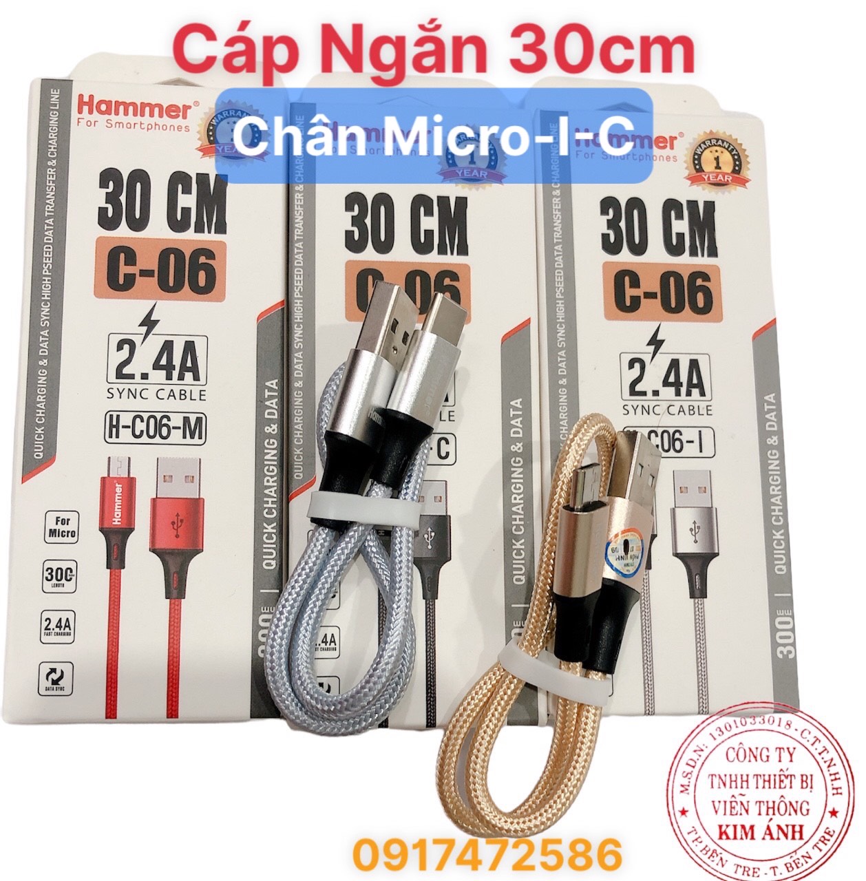 Dây sạc nhanh Hammer C06 dòng điện 2.4A dây dù, dài 30cm - Hàng chính hãng