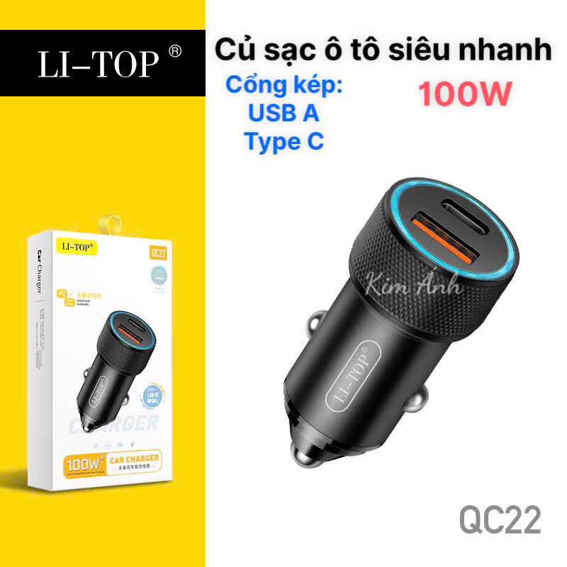 Củ sạc xe hơi Li-Top QC22 công suất 100W sạc siêu nhanh phù hợp các loại ô tô, hàng chính hãng