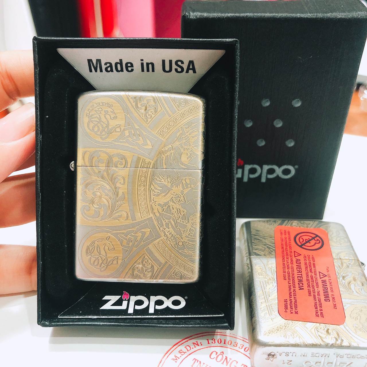 Bật lửa Zippo Satin khắc ăn mòn 4 mặt Thần Chết, Vỏ bằng đồng có tem đỏ