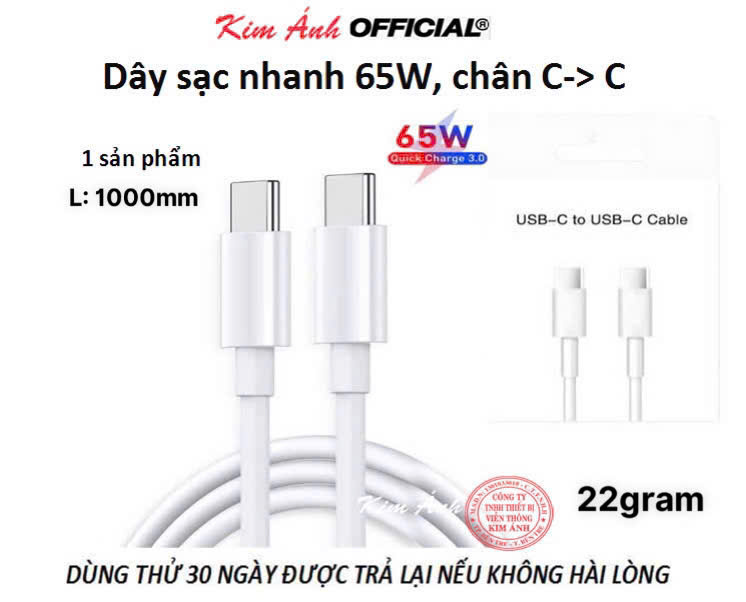 Dây sạc nhanh PD 65W, 100w chân Type C ra Type C sạc rất nhanh vào pin, Kim Ánh bảo hành 12 tháng