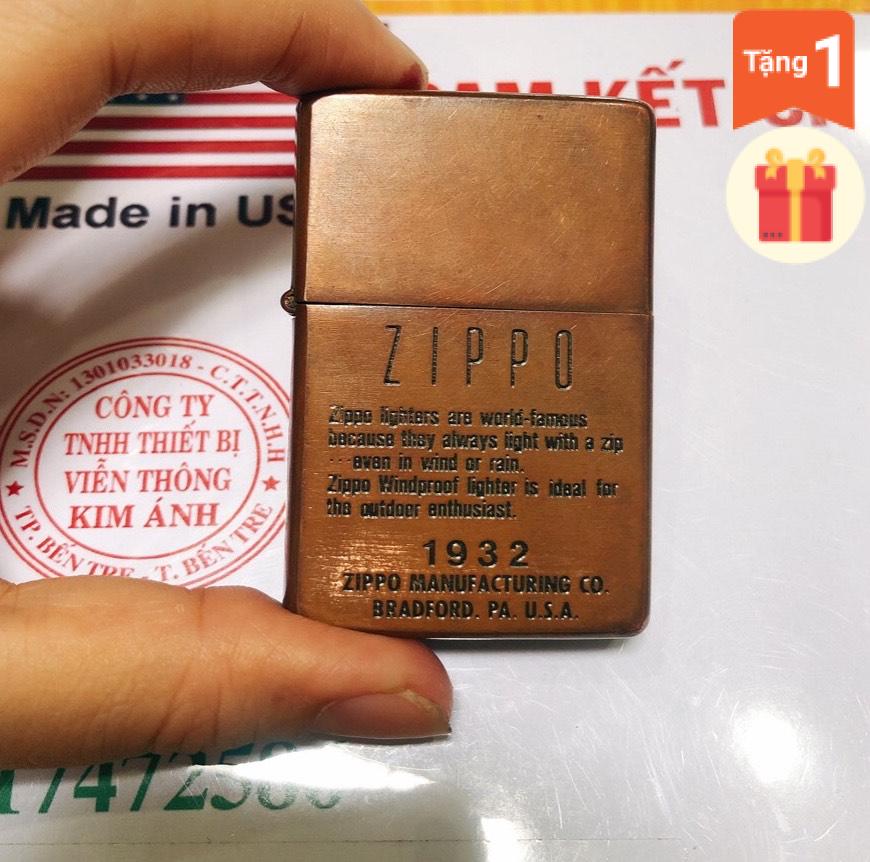 Bật lửa Zippo Mỹ Vintage mạ Copper, đầu bằng, đít bằng, khắc ăn mòn Zippo 1932, Hàng chính hãng