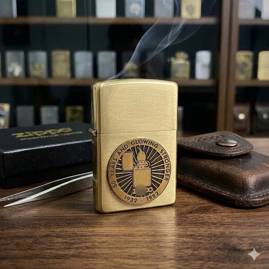 Miếng Eblem dán trang trí Zippo chủ đề Bản Kỷ Niệm 50 Năm Ngày Thành Lập, chất liệu đồng thau, hàng chuẩn zin Mỹ