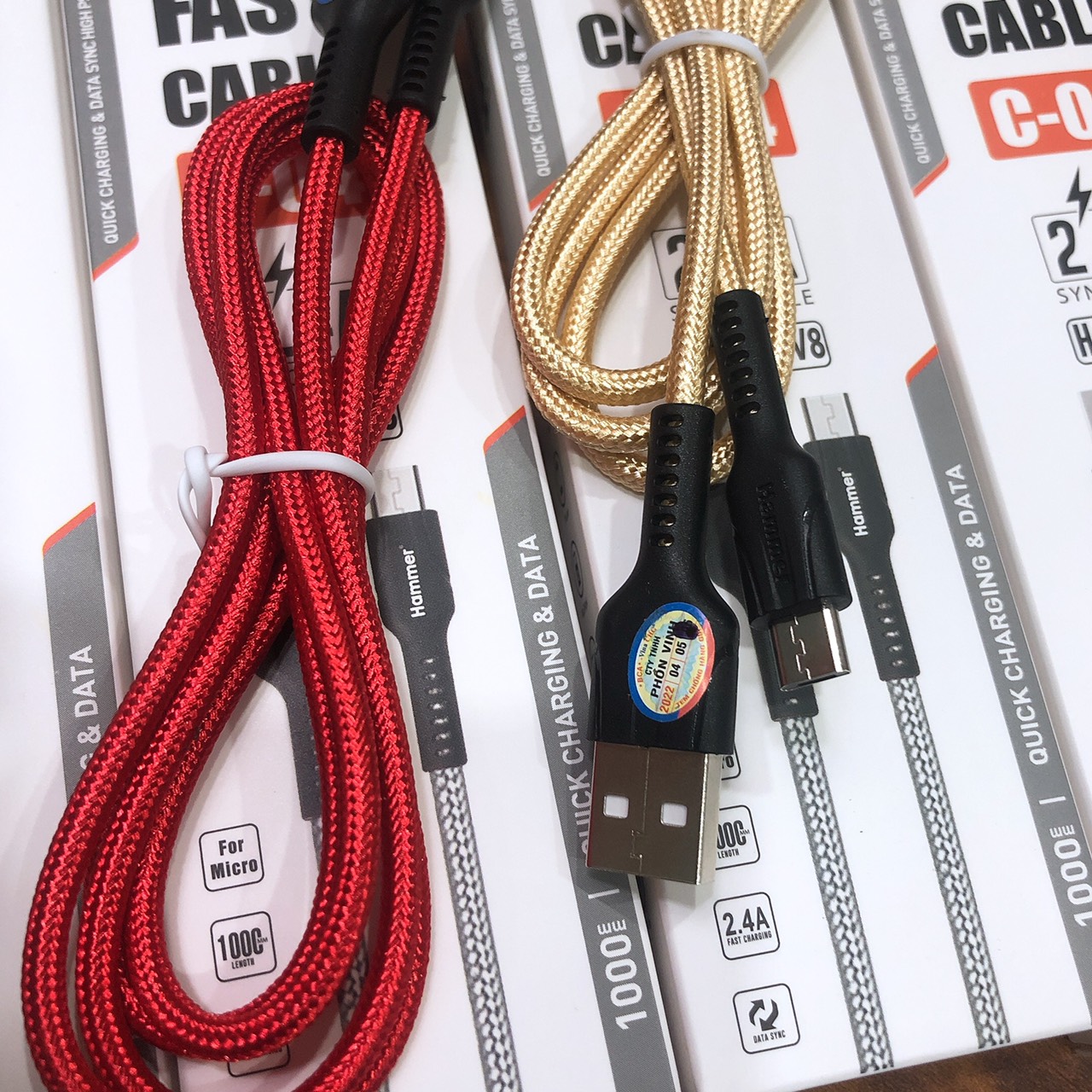 Dây sạc nhanh Hammer C04 các loại chân cắm Micro, dòng điện 5v-2.4A, dây bện dù, chính hãng check Qr