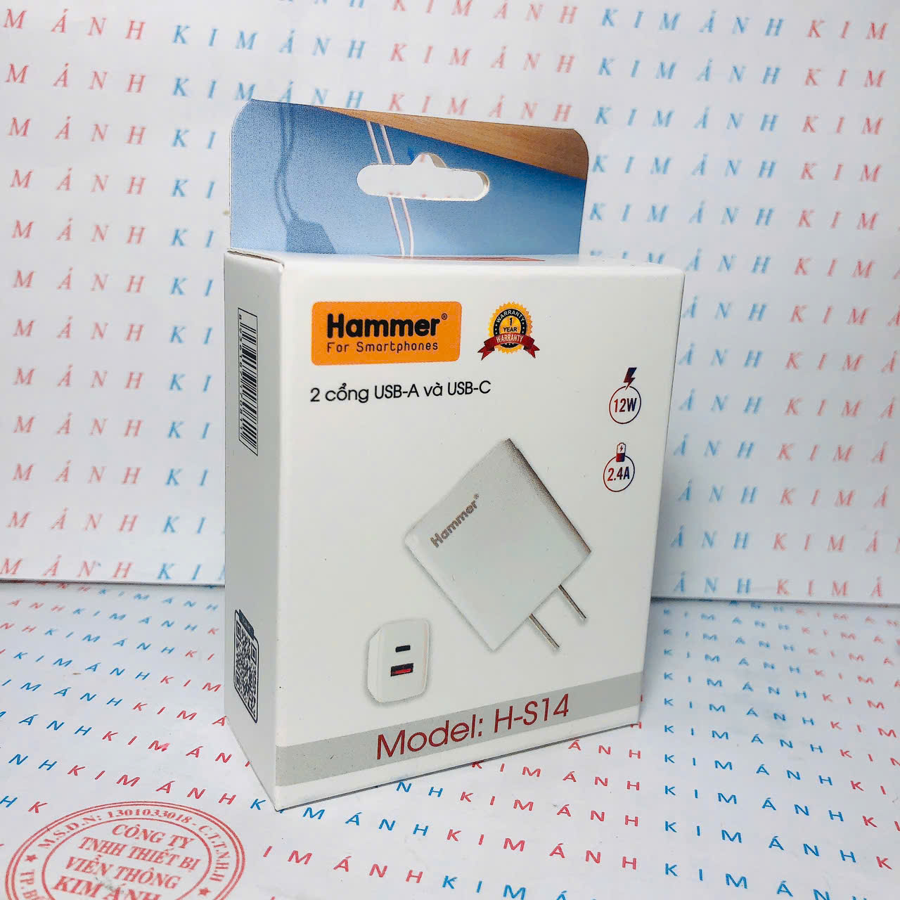 Củ sạc Hammer H-S14, 2.4A công suất 12W có 2 cổng (Type C và cổng USB), Check Qr hàng chính hãng