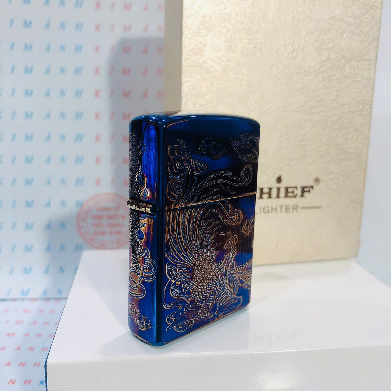 Bật lửa, hộp quẹt CHIEF chủ đề Rồng Phượng tứ diện màu xanh, hàng chính hãng vỏ bằng đồng nguyên chất