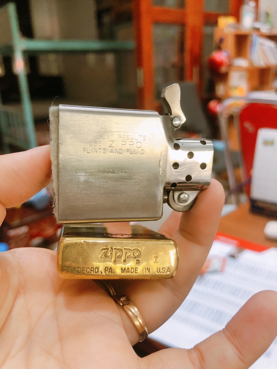 Bật lửa Zippo Mỹ Brass khắc ăn mòn full nắp NANKAI WGP, mộc đáy ngược, sản xuất 1994 Hàng chính hãng