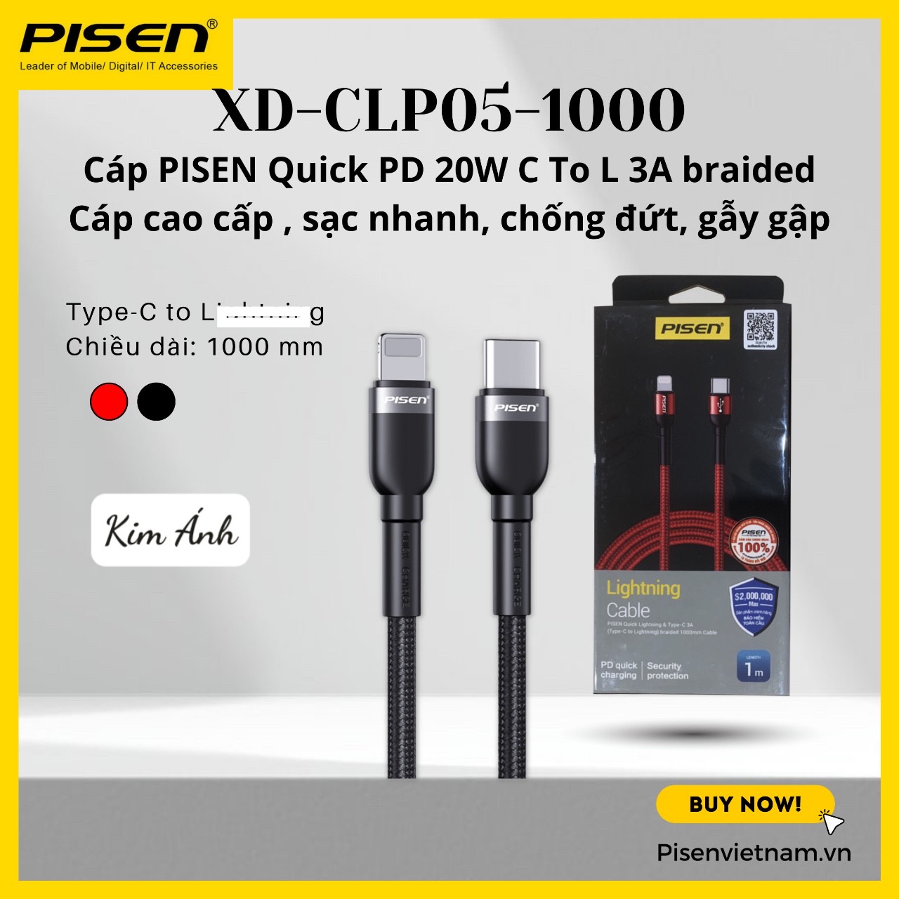 Dây sạc nhanh Pisen Quick USB-C to L, 3A Braided  1000mm (XD-CLPD05-1000), Hàng chính hãng