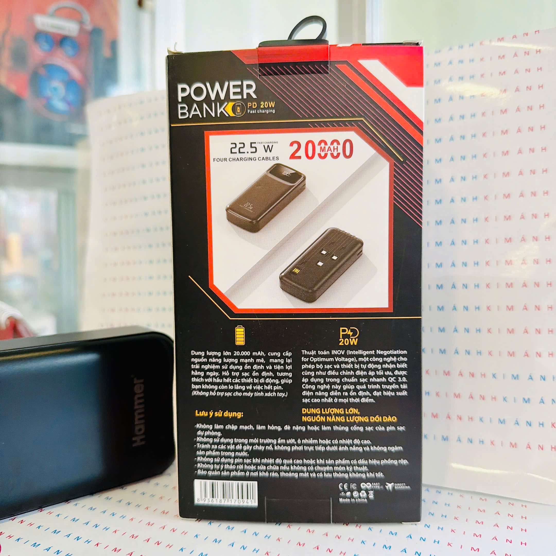 Sạc dự phòng Hammer H-PC02 20W - 20.000mAh, Kèm 4 Cáp Sạc, Kim Ánh cam kết hàng chính hãng bảo hành 12 tháng