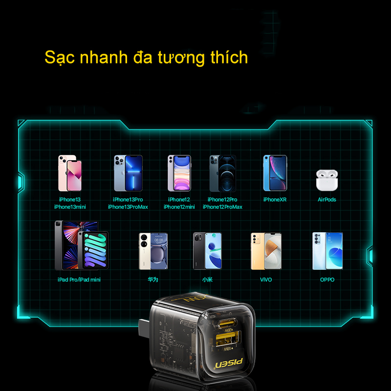 Cóc sạc nhanh PISEN Quick Ice Crystal PD 20W Explorer KPD201 siêu nhỏ, vỏ ngoài trong suốt lộ main, Hàng chính hãng