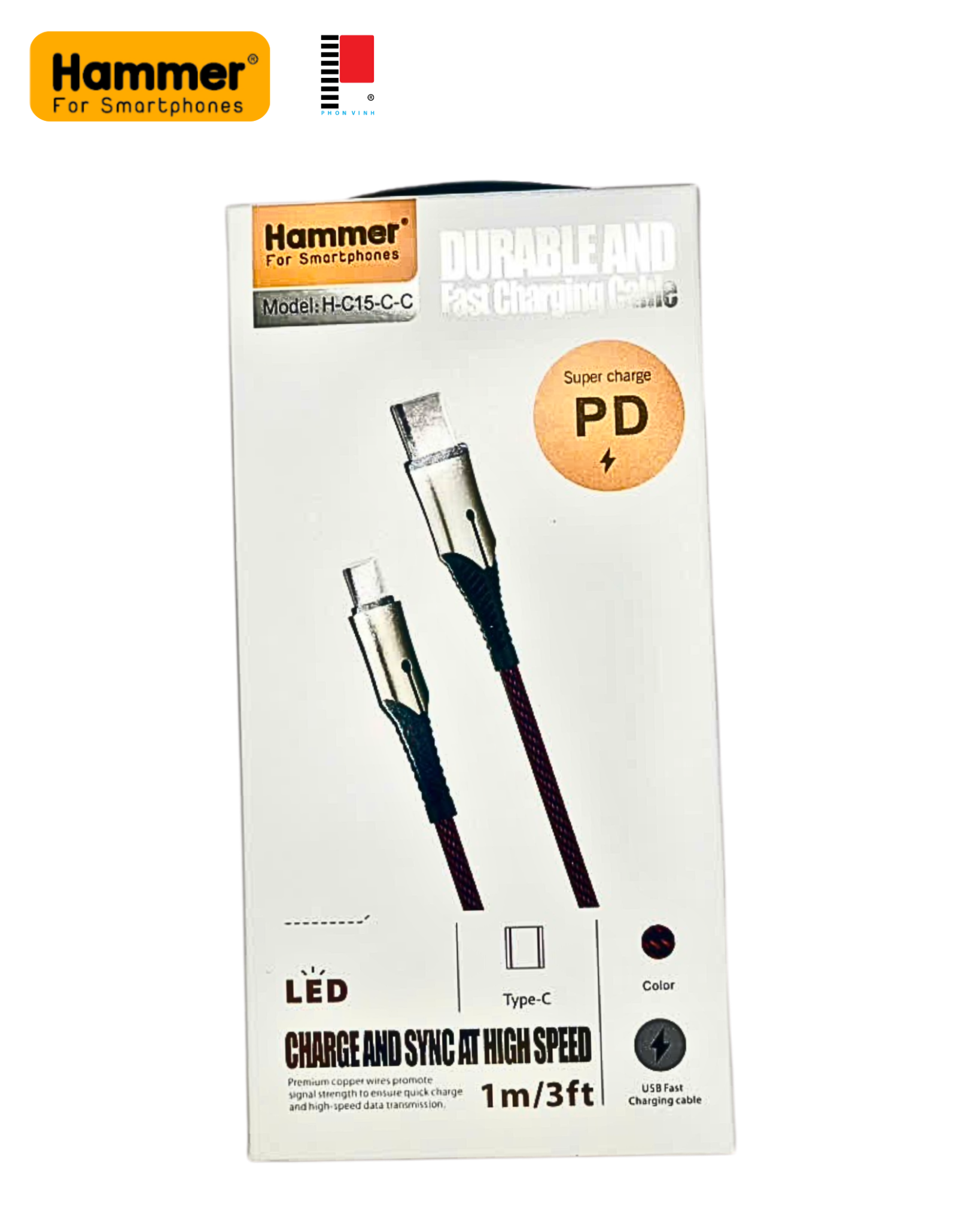 Dây sạc nhanh Hammer PD20W C15 chân Type C ra Type C, dây dù chống rối, Hàng Chính Hãng bảo hành 12 tháng