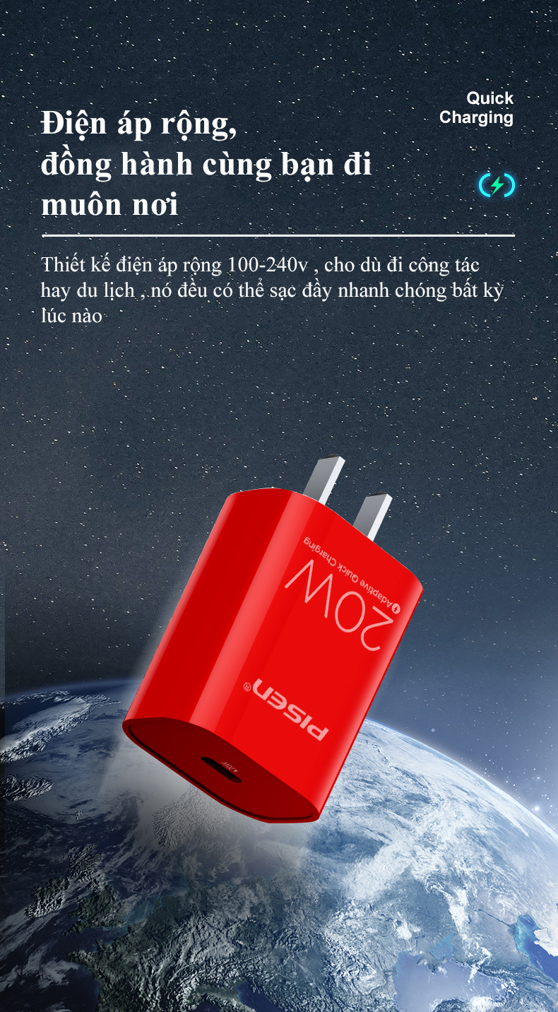 Cóc sạc nhanh PISEN Quick PD 20W - (TS-C135)- Màu đỏ, Hàng chính hãng