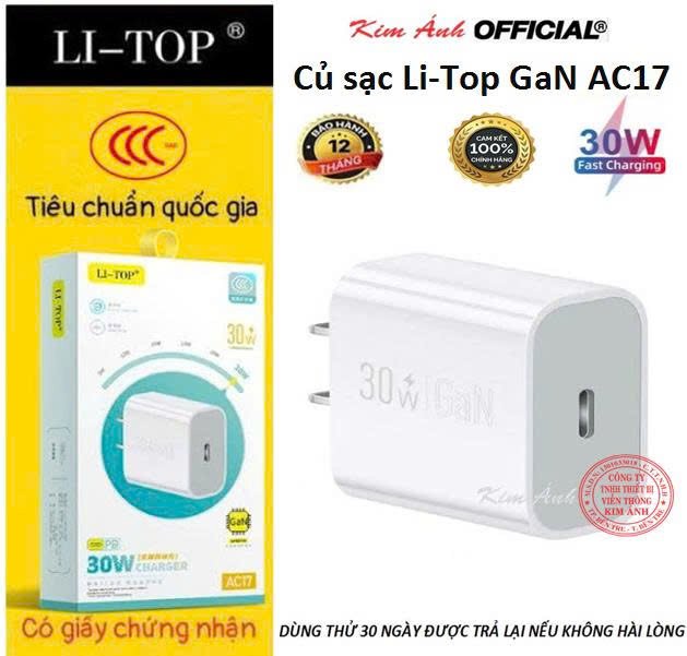 Củ sạc nhanh LI-TOP GaN AC17 công suất PD 30W có chứng nhận 3C tiêu chuẩn quốc gia, hàng chính hãng