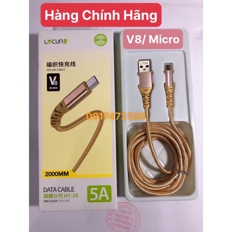 2m -V8-Dây sạc nhanh Lecun HT 20 dòng điện 5V- 5A  chuôi V8/ micro, dây dù dài 2m - Hàng Chính Hãng