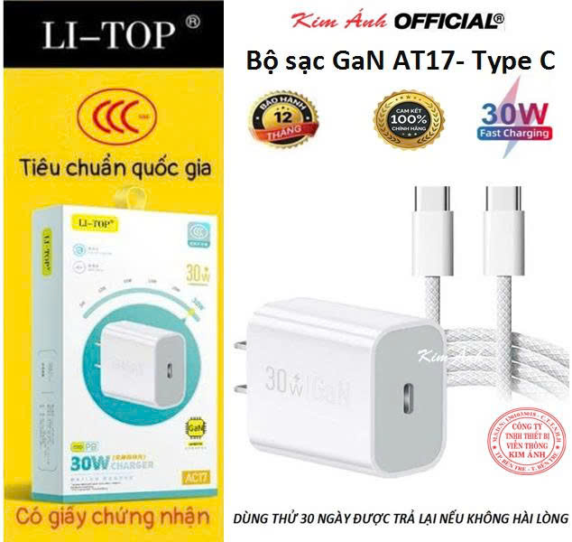 Bộ sạc nhanh LI-TOP GaN AT17 chân Type C công suất PD 30W, có chứng nhận 3C tiêu chuẩn quốc gia, hàng chính hãng