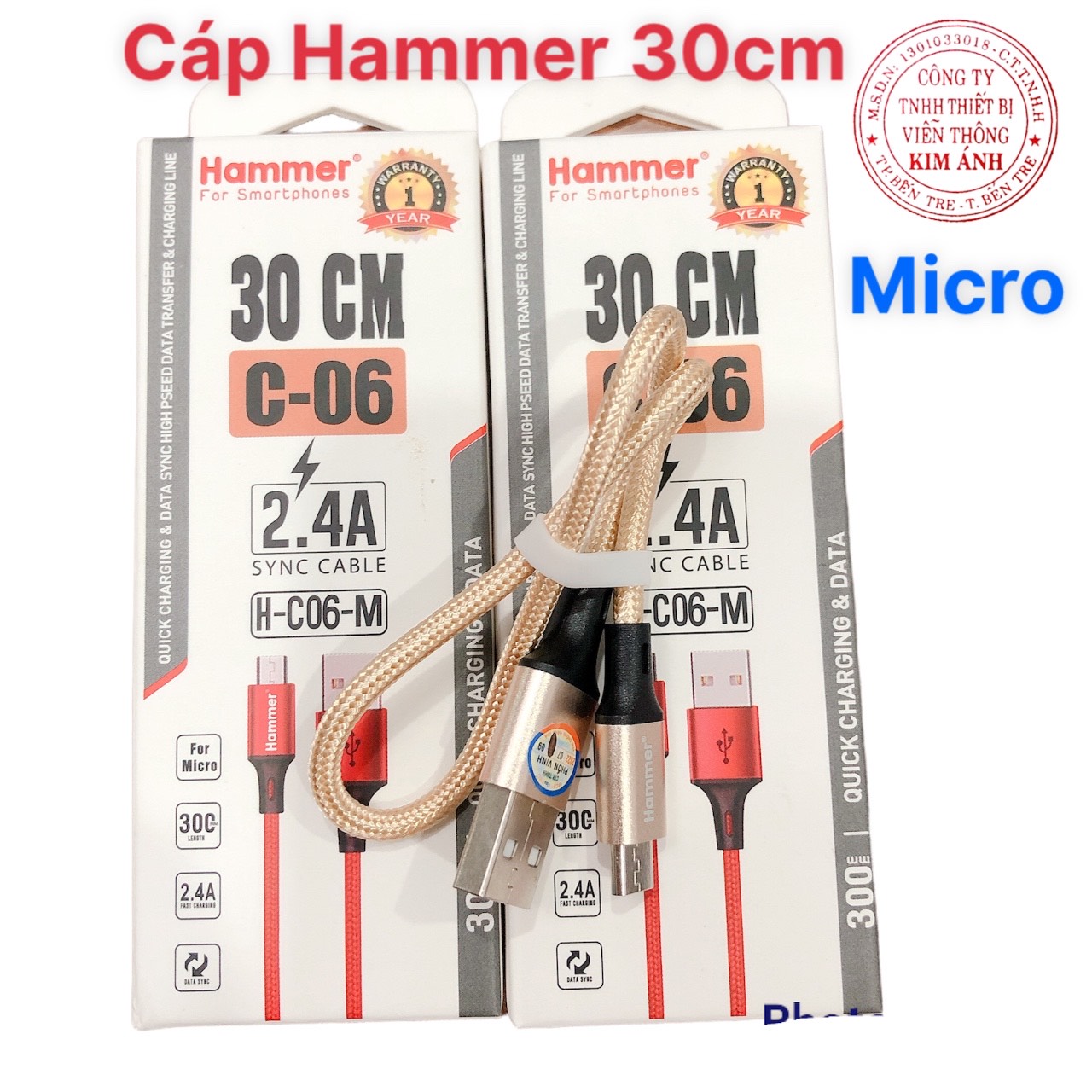 Dây sạc nhanh Hammer C06 chân cắm Micro, dòng điện 2.4A dây dù dài 30cm - Hàng chính hãng