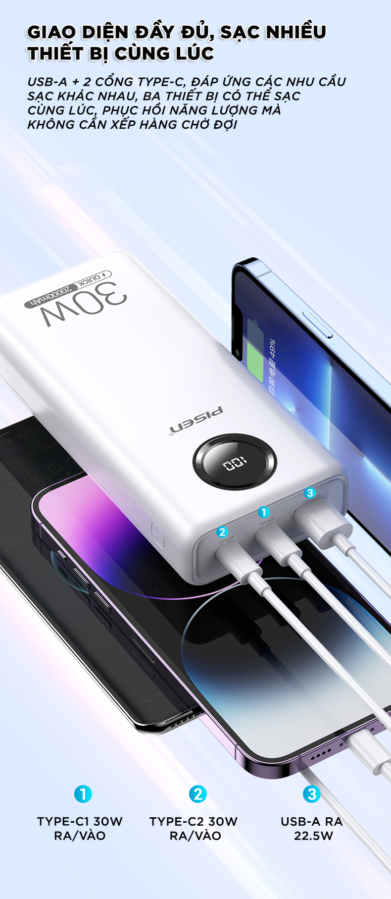 Pin sạc dự phòng PISEN QUICK Power Cube 20000mAh, công suất 30W sạc nhanh hai chiều - Hàng chính hãng