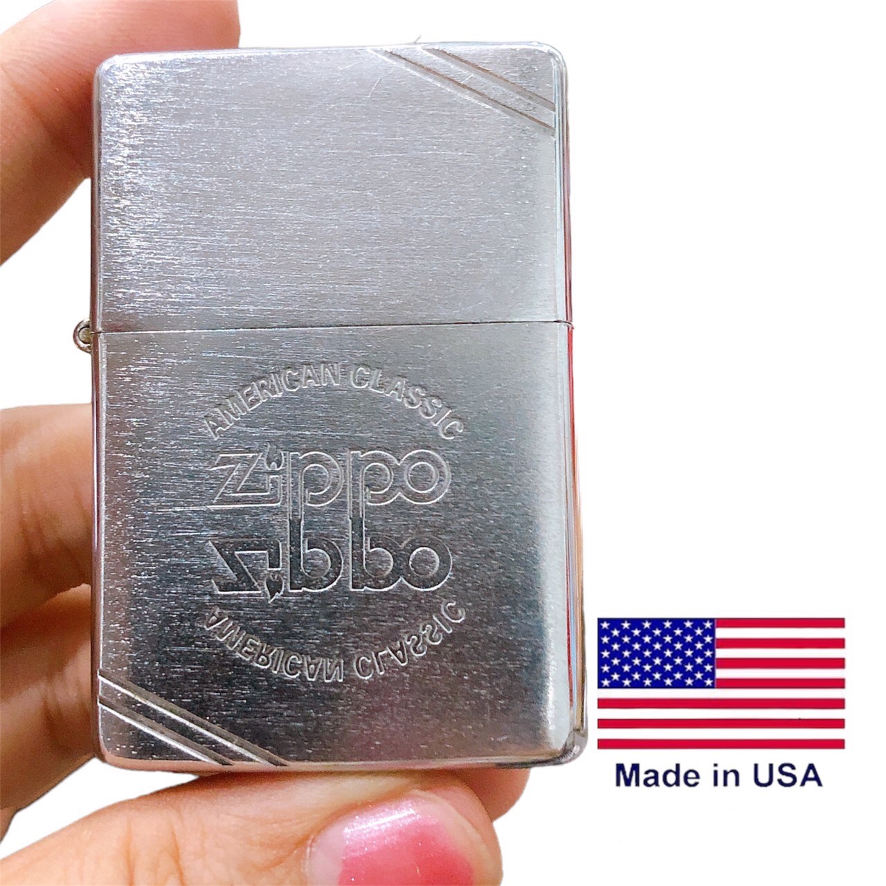 Bật lửa Zippo Mỹ Vintage đầu bằng đít bằng, khắc ăn mòn AMERICAN CLASSIC, mộc đáy ngược, sản xuất 1992, Hàng chính hãngg