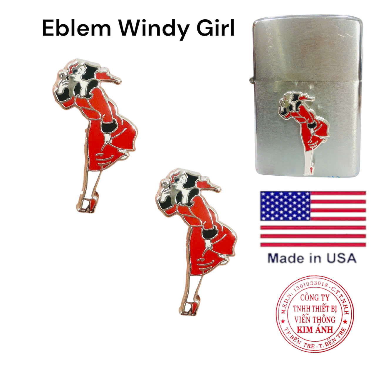 Eblem dán trang trí Zippo chủ đề Windy Girl ( cô gái gió) phủ sơn màu đỏ, chất liệu hợp kim nhôm, hàng chuẩn zin Mỹ