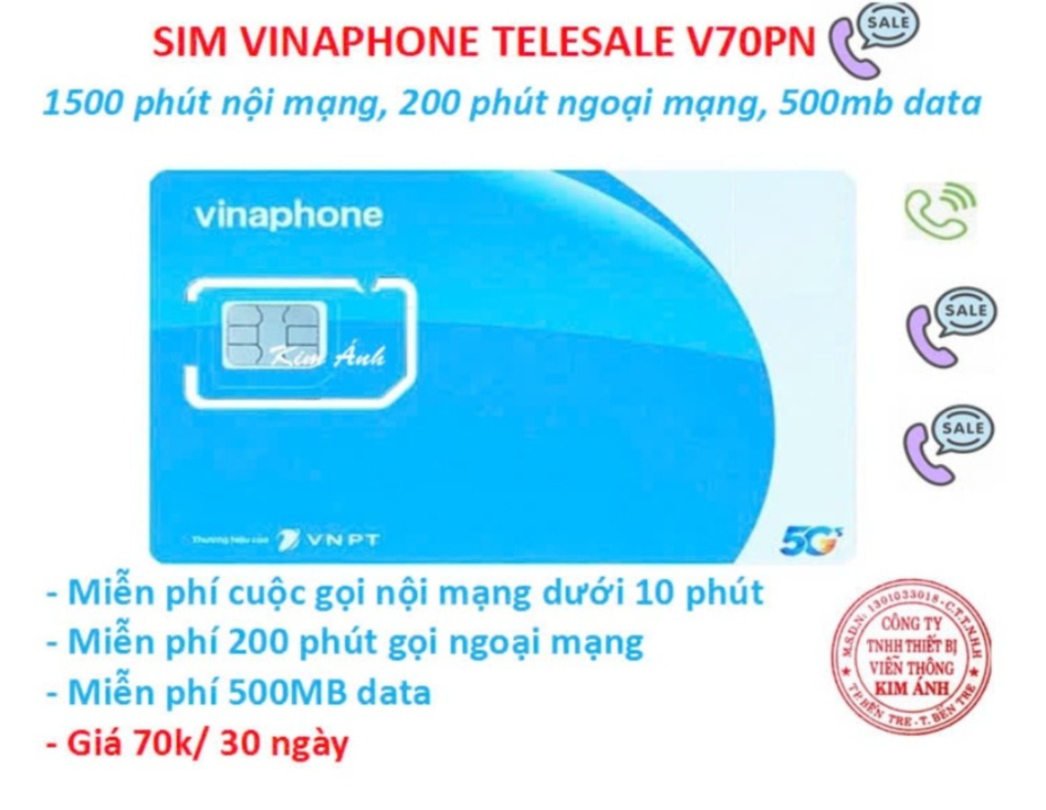 Sim Telesale Vinaphone ưu đãi 1500 phút gọi nội mạng, thêm 200 phút ngoại mạng chỉ 70k, Hàng chính hãng