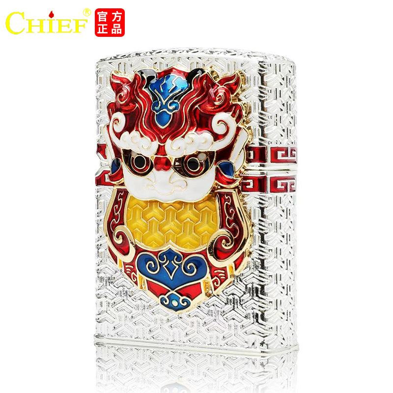 Bật Lửa CHIEF Chủ Đề Đầu Lân Thần Thú - Hàng Chính Hãng Vỏ Đồng Nguyên Khối Càng Dùng Càng Sáng Bóng