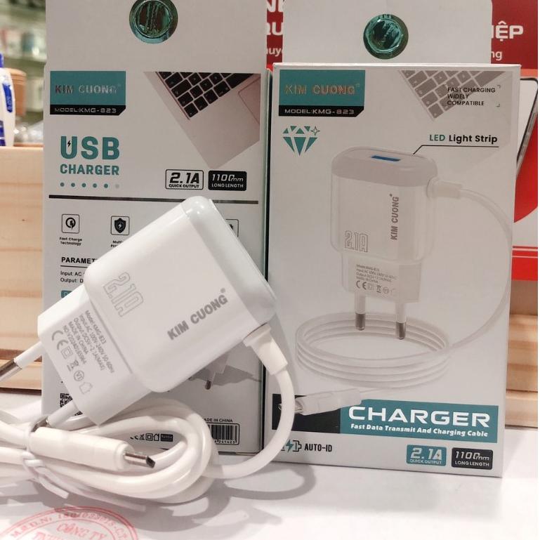 Sạc điện thoại hiệu Kim Cương KMG 823 dòng điện 2.1A, liền dây chuôi Micro, có thêm cổng USB - Hàng Chính Hãng