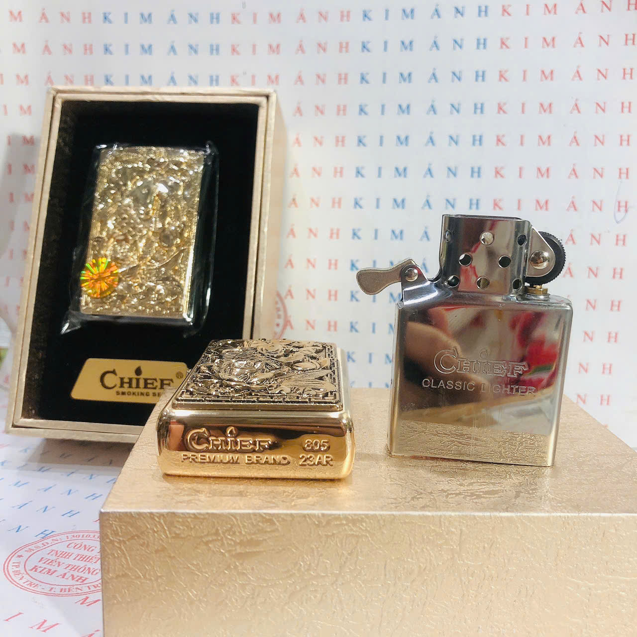 Hộp quẹt, bật lửa CHIEF đồng nguyên chất đắp nổi chủ đề Niên Niên Dư Hữu ( mỗi năm mỗi dư), hàng chính hãng