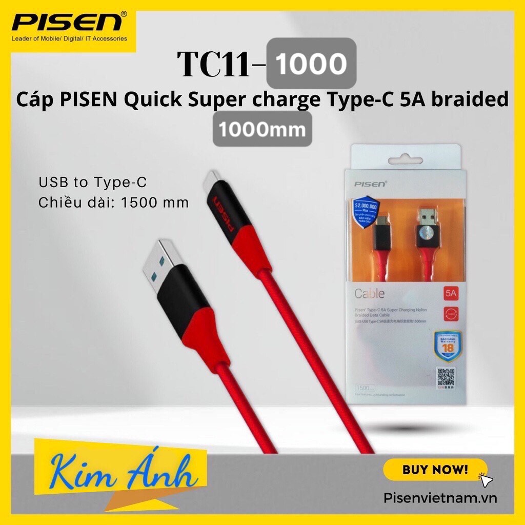 Dây sạc nhanh Pisen quick super charge Type-C 5A ( 40W ) braided 1000mm ( TC11-1000), dây dù chống rối, hàng chính hãn