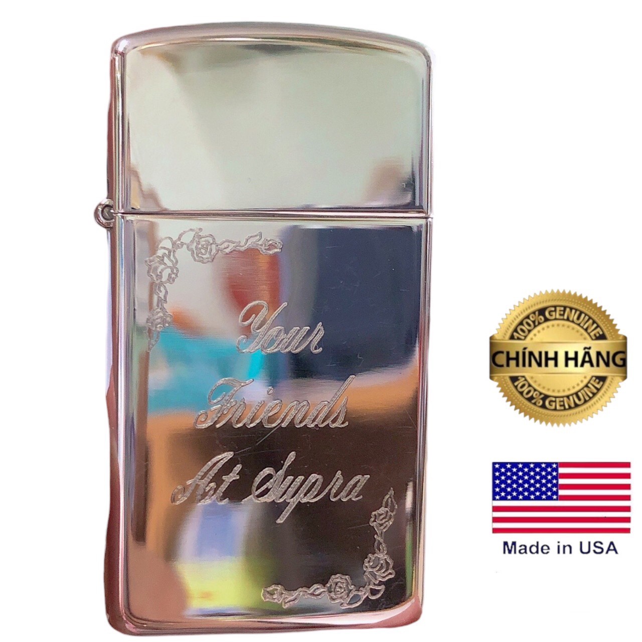 Bật lửa, hộp quẹt Zippo Mỹ Slim khắc ăn mòn Your Friends At Supra, sản xuất 2002, Hàng chính hãng