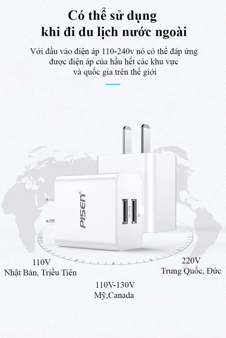 Củ sạc Pisen K12-23, 2 cổng USB dùng sạc điện thoại / máy tính bảng, Hàng chính hãng nội địa, có chứng nhận tiêu chuẩn