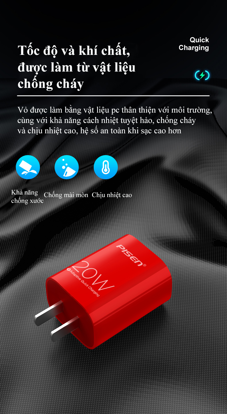 Cóc sạc nhanh PISEN Quick PD 20W - (TS-C135)- Màu đỏ, Hàng chính hãng