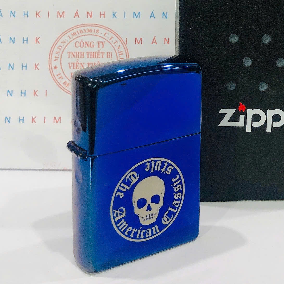 Bật lửa Zippo Mỹ chủ đề Đầu Lâu Xanh, Cam kết hàng chính hãng có giấy Hải quan gửi kèm đơn hàng