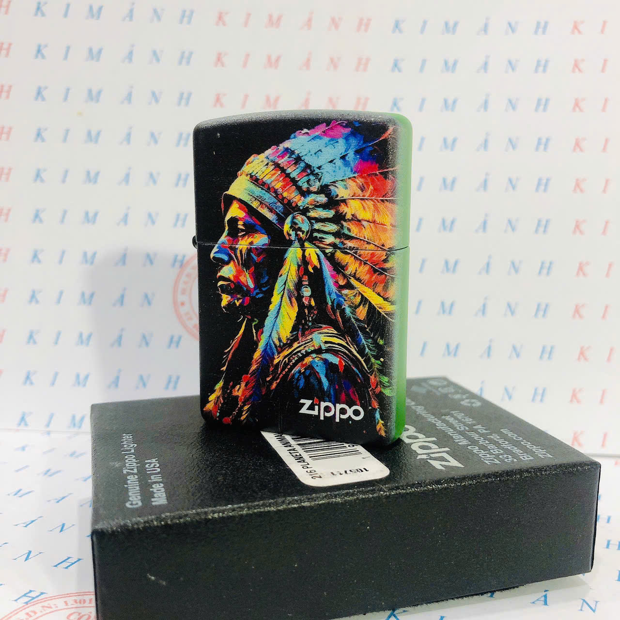 Bật lửa, hộp quẹt Zippo Mỹ, Brass phủ sơn chủ đề Thổ Dân 4, hàng chính hãng có giấy Hải Quan đi kèm