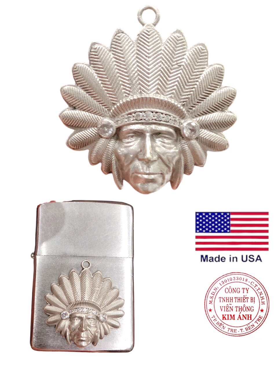 Miếng dán Eblem trang trí Zippo Mỹ, hoặc làm móc khoá, mặt dây chuyền chủ đề Thổ Dân chất liệu bạc 925, Chuẩn Zin