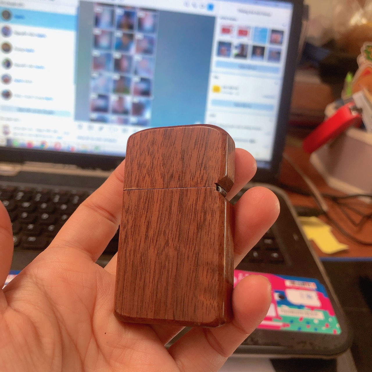 Bật lửa, hộp quẹt Zippo Mỹ Slim bọc gỗ, sản xuất 1990, Hàng chính hãng