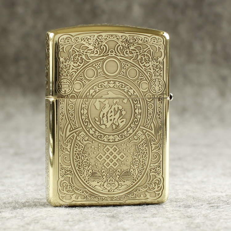 Bật lửa Zippo Mỹ 204B Brushed Brass, Khắc ăn mòn 5 mặt Chủ đề Tỳ Hưu, Hàng chính hãng