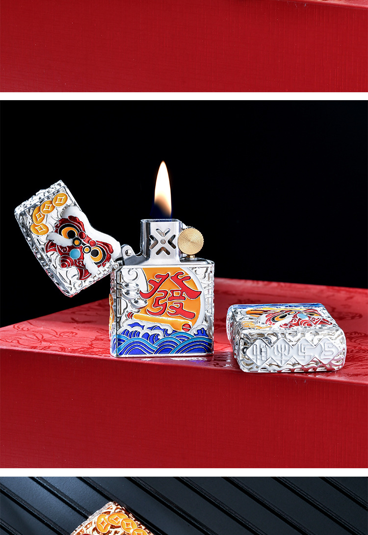 Bật lửa, hộp quẹt CHIEF chính hãng chủ đề Khảm men Lion Lucky Cat, hàng chính hãng vỏ bằng đồng càng dùng càng sáng