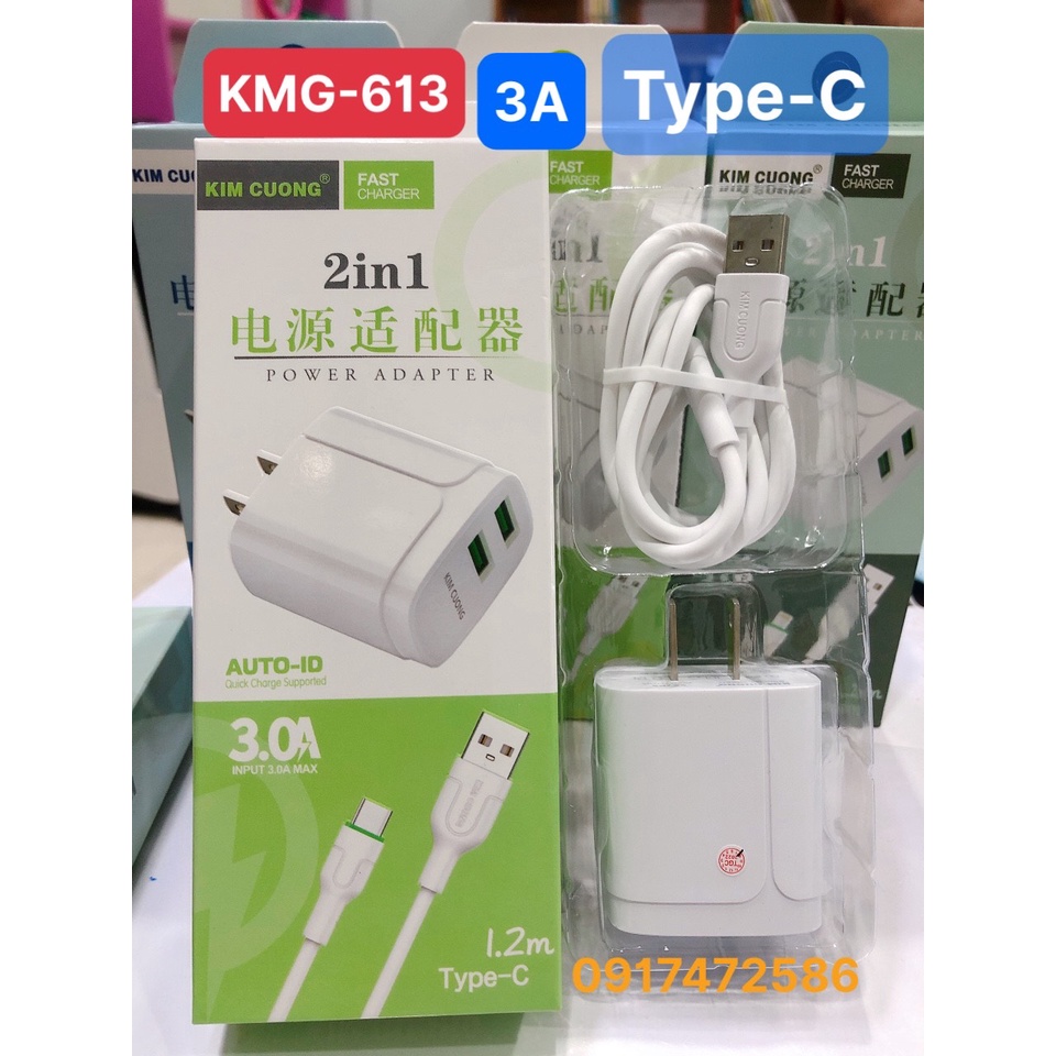 Bộ sạc nhanh Kim Cương 613 dòng điện 3A chân cắm TypeC, Hàng chính hãng
