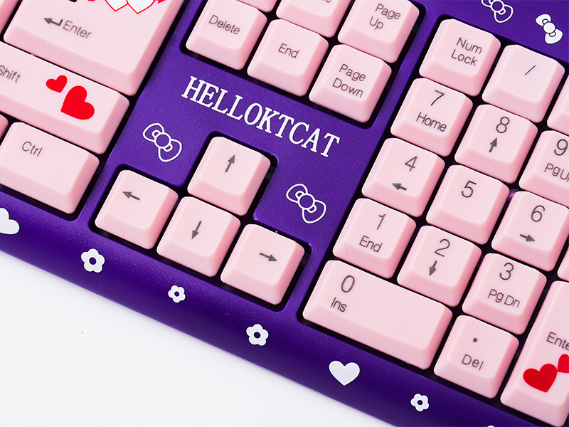 Bàn phím máy tính Kitty (HELLOKTCAT) chuôi cắm USB, bàn phím màu hồng tím cho cô nàng hiện đại, Bảo hành 12 tháng