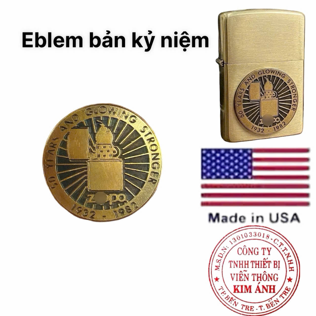 Miếng Eblem dán trang trí Zippo chủ đề Bản Kỷ Niệm 50 Năm Ngày Thành Lập, chất liệu đồng thau, hàng chuẩn zin Mỹ