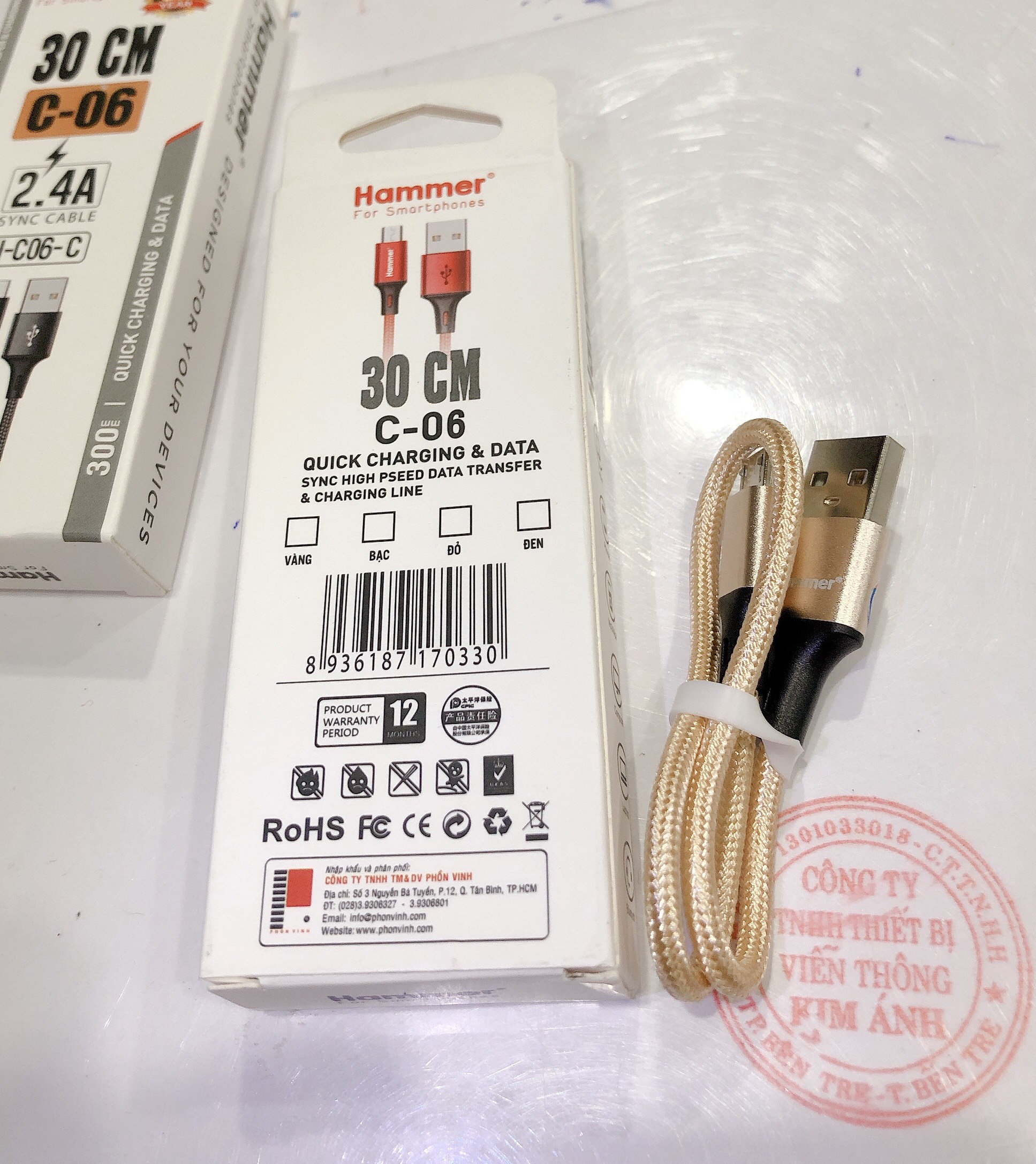 Dây sạc nhanh HAMMER C06 chân cắm I phone, dòng điện 2.4A dây dù dài 30cm - Hàng chính hãng
